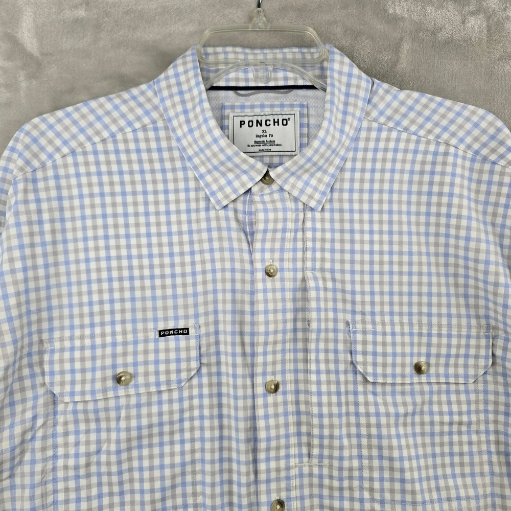 Poncho Fishing Shirt Mens XL Blue Gingham Plaid Magnetic Pockets Regular Fit